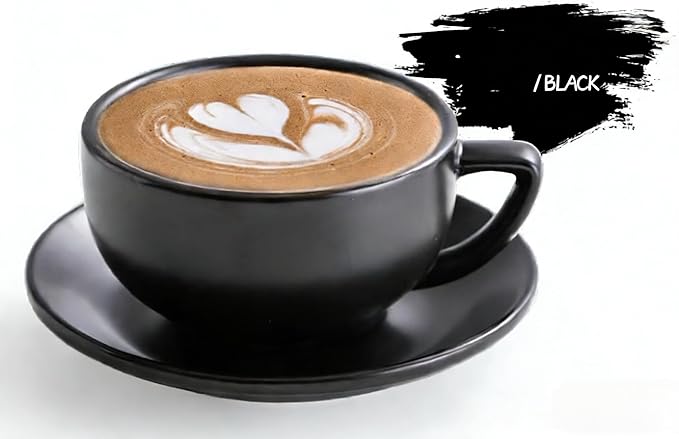 Ceramic Latte Mug, 10.82oz Barista Cup with Saucer, 7mm Thickened Rim Ceramic Cappuccino Cup, Vintage Latte Art Mug for Home & Café (Quiet Black)