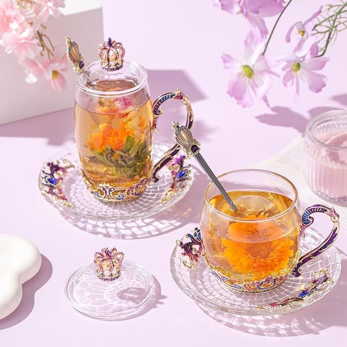 Glass Tea Cup with Lid Crown Coffee Mug with Spoon Fancy Tea Cup Antique Gifts for Women Mother's Day Birthday Valentines Day Gift(11oz Crown)
