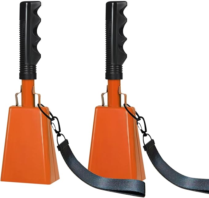 10Inch Cowbells with Handle for Sporting Events, 2Pcs Large Cow Bells with Wrist Straps, Loud Noise Makers for Cheering Football Games Spirit Marathon Weddings Party Noisemakers, Orange