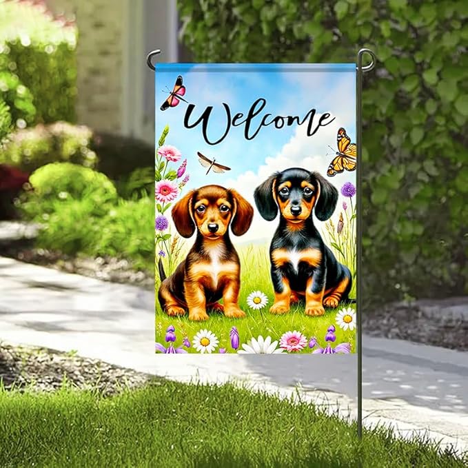 BlissYard Welcome Garden Flag Double Sided 12x18 Inch Dachshund Butterfly Seasonal Spring Small Flags For Outside Outdoor Decor Yard Farmhouse Holiday Spring Summer Decorations Yard Flags