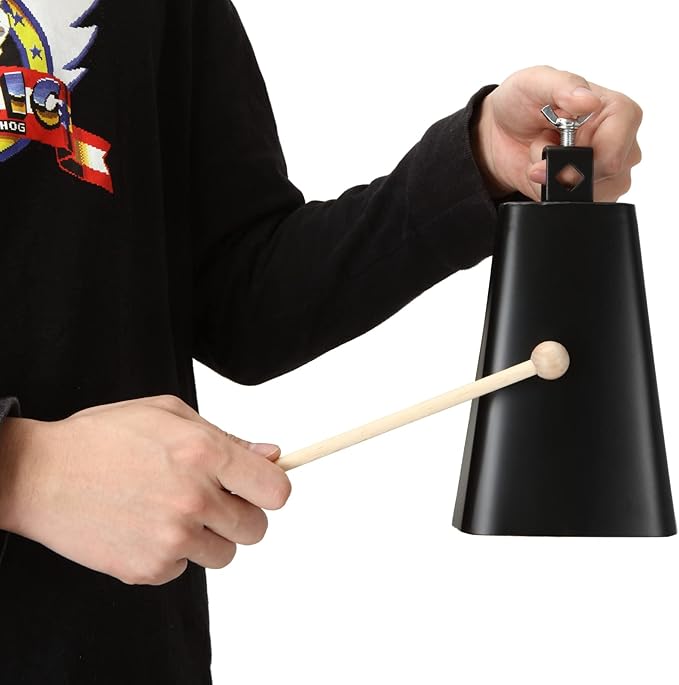 Acrux7 7 Inch Large Cow Bell Noise Makers, Metal Cowbell with Handle and Stick, Hand Percussion Music Cowbell for Sporting Events, Drum Set, Church, Weddings, Beautiful Clear Tapping Sound (Black)