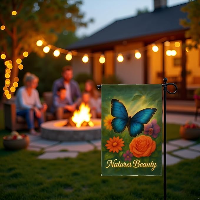 FLAGMEUP8386 Welcome Butterfly Garden Flag 12x18 Inch Double-Sided Polyester Yard Banner with Blue Morpho Autumn Flowers, Fall Flag for Thanksgiving Harvest Outdoor Decor, Porch, Lawn