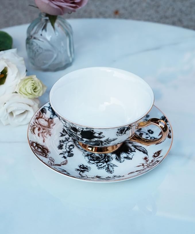 Bone China Tea Cup and Saucer Set with Spoon，Elegant Floral Tea Cup Set (7 oz)，British Coffee Latte Mug for Mother's Day Gifts