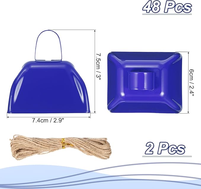 PATIKIL 48pcs Cow Bells for Football Games, 3 Inch Cowbells for Sporting Events Bulk Loud Noise Makers Metal Cow Bell with Rope for Cheering Wedding, Blue