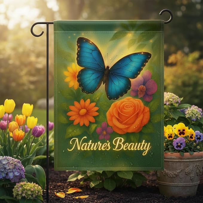 FLAGMEUP8386 Welcome Butterfly Garden Flag 12x18 Inch Double-Sided Polyester Yard Banner with Blue Morpho Autumn Flowers, Fall Flag for Thanksgiving Harvest Outdoor Decor, Porch, Lawn