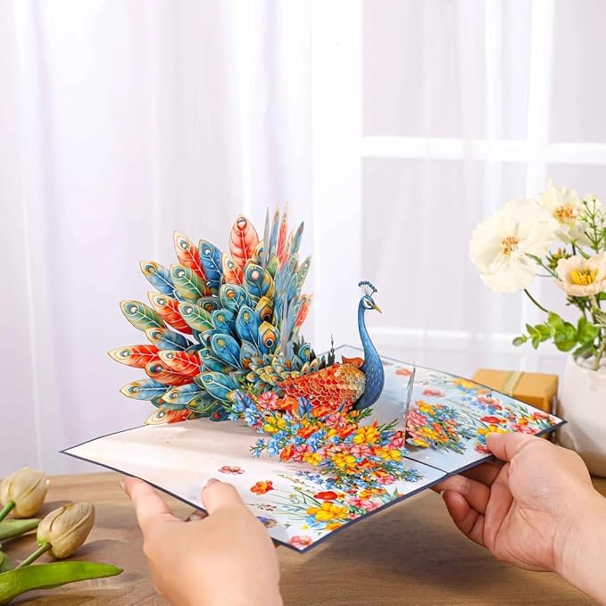 3D Pop Up Greeting Card – Elegant Peacock with Colorful Feathers & Flowers – Unique Card for Birthday, Anniversary, Wedding & Special Occasions, A55