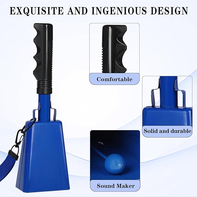 10inch Metal Cowbells with Handle, 1Pcs Cow Bells with Wrist Strap for Sporting Events, Football Games,Party, Concert, Graduations, Farm Ranch, Blue