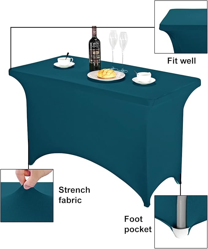 FORLIFE 4Pack Spandex Table Covers 4ft，Fitted Tablecloth for 4ft Rectangular Tables, Stretch Patio Table Covers, Universal Spandex Table Cover for Wedding, Banquet, Party (6ft, Peacock)