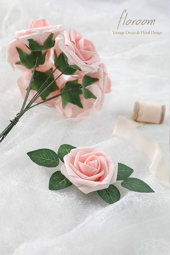 Floroom Artificial Flowers 25pcs Real Looking Blush Heirloom Foam Fake Roses with Stems for DIY Wedding Bouquets Pink Bridal Shower Centerpieces Floral Arrangements Party Tables Home Decorations