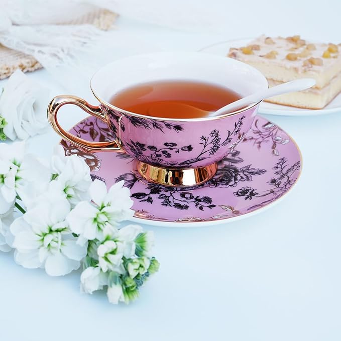 Bone China Tea Cup and Saucer Set with Spoon，Elegant Floral Tea Cup Set (7 oz)，British Coffee Latte Mug for Mother's Day Gifts