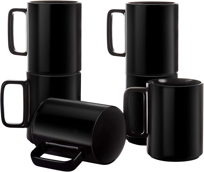 E-liu Porcelain Tea Mugs Coffee Mug Set, Large 15 Ounces Cups for Coffee, Tea, Cocoa, and Mulled Drinks, Set of 6, Black