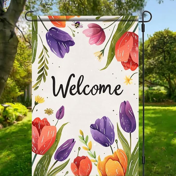 BlissYard Welcome Garden Flag 12x18 Inch Double Sided Spring Garden Flag Tulip and Bee Design Outdoor Decorative Outdoor Yard Flag Decorations for Home Spring Summer Decoration