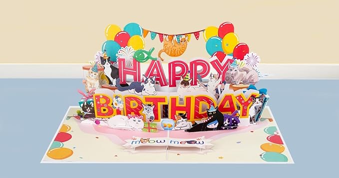 Text Happy Birthday Card w Cats, Birthday Cards for Women, Wife, Her, Pop Up Gifts for Her, Wife, Him, Daughter, Girl, Women, Her kids (HPBD w Cats)