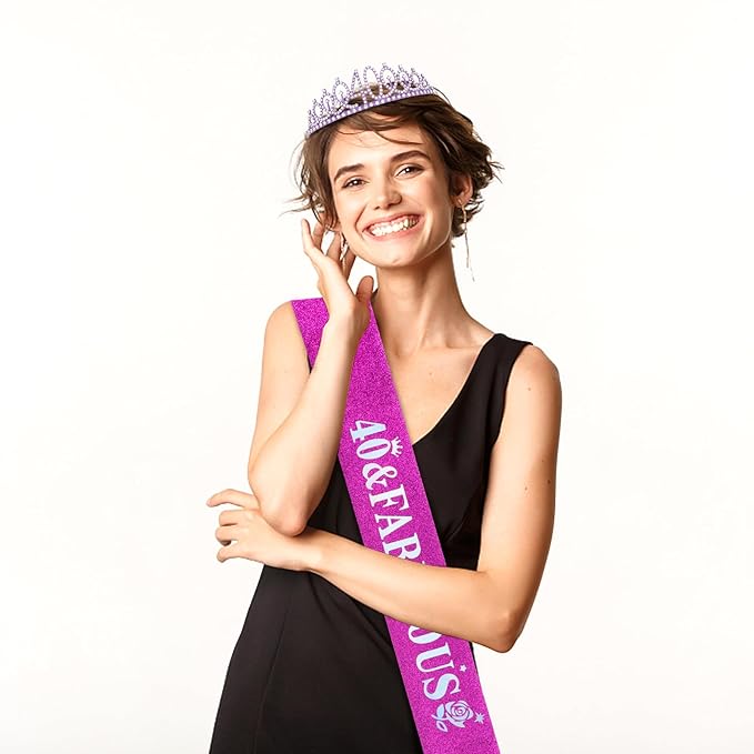 Casoty Purple 40th Birthday Sash and Tiara, 40th Birthday Decorations for Women, 40 & Fabulous Sash and Crown Set, Gifts for Her, Party Supplies for Women