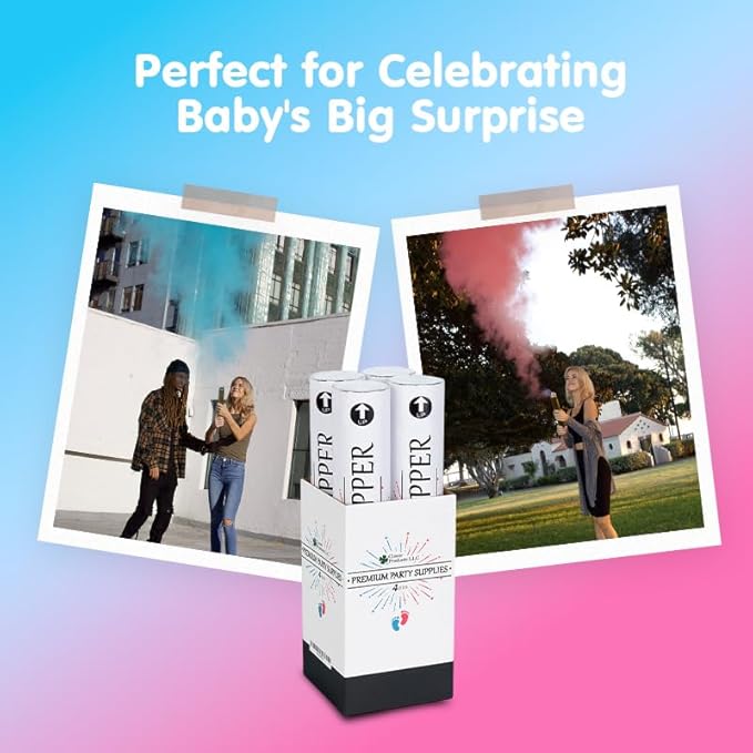 Clover Products Premium Gender Reveal Powder Cannon – 4 Pack Includes 2 Pink & 2 Blue | 12 Inch Gender Reveal Poppers | Compressed Air Powered | Each Box Contains a FREE “It’s a Girl & Boy“ Balloon..