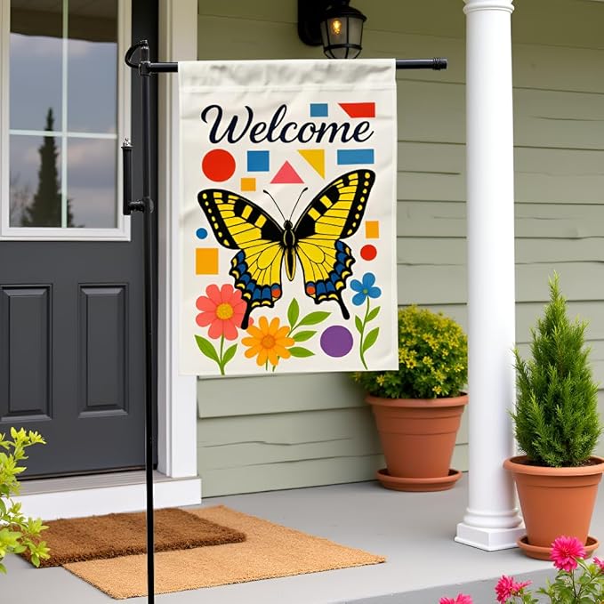 FLAGMEUP8386 Welcome Butterfly Garden Flag 12x18 Inch Double-Sided Polyester Yard Banner with Swallowtail and Geometric Flowers, Outdoor Decoration for Late Summer and Fall