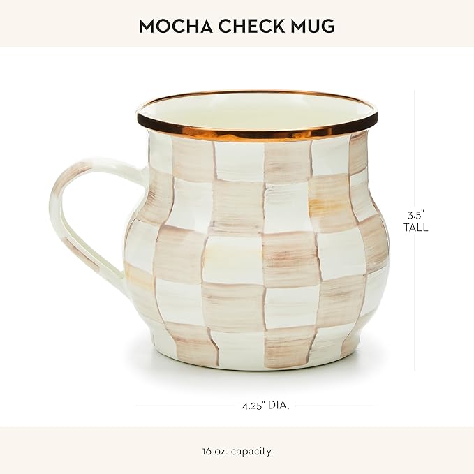 MACKENZIE-CHILDS Enamel Mug, Cute Enamelware Coffee and Tea Mug, Unique Drinkware, 16 Ounces, Brown-and-White Mocha Check, Set of 1