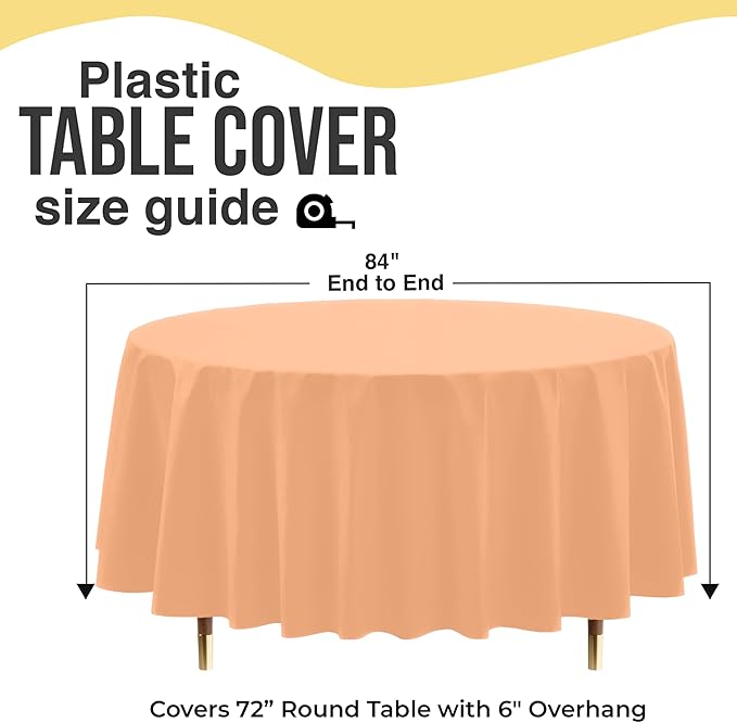 Exquisite 66% Thicker Premium Peach Round Tablecloth 0.5 Mil 12 Pack Plastic Table Cloth Disposable 84 Inch Round Plastic Tablecloth Won't Tear Easily Like Cheap Thin Brands