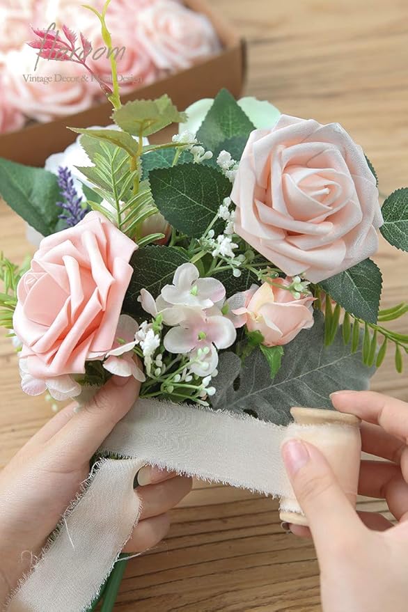 Floroom Artificial Flowers 25pcs Real Looking Shimmer Blush and Peach Foam Fake Roses with Stems for DIY Wedding Bouquets Bridal Shower Centerpieces Floral Arrangements Party Tables Home Decorations