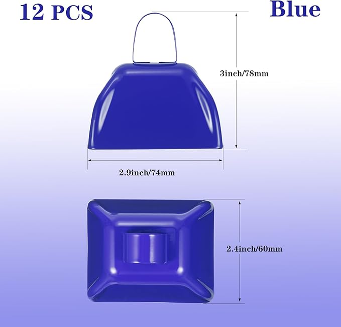 3Inch Cowbells for Sporting Events,12Pcs Metal Cow Bells Bulk Loud Noise Makers Cow Bell with Handle for Cheering Football Games Spirit Marathon Weddings Party Noisemakers, Blue