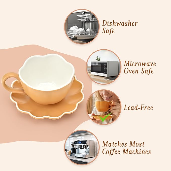 Ceramic Espresso Cups with Saucers 6 oz,Coffe Cups for Cappuccino,Latte,Tea with Saucers Set of 2 - Flower - Caramel Brown