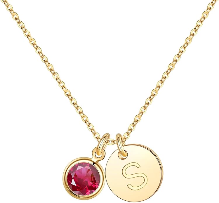 Hidepoo Initial Birthstone Necklace for Girl Women - 14K Gold Plated Disc Letter Necklace Personalized Gifts Jewelry Birthstone Initial Necklaces Birthday Gift for Female Teens Mom