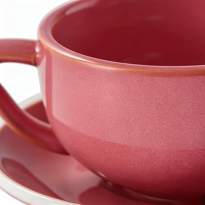 Ceramic Latte Mug, 10.82oz Barista Cup with Saucer, 7mm Thickened Rim Ceramic Cappuccino Cup, Vintage Latte Art Mug for Home & Café (Kiln Transmutation Pink)