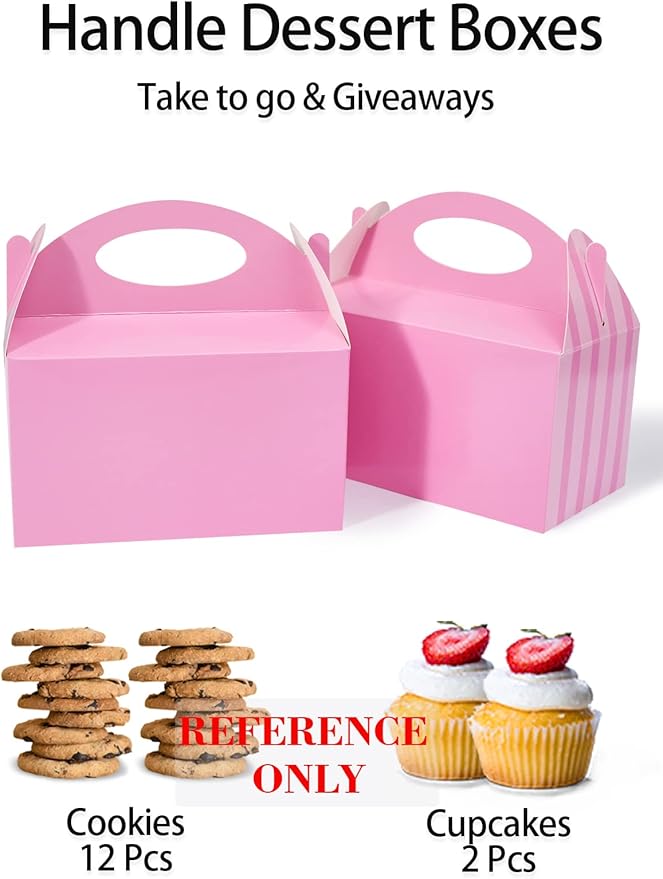 P6PK12 Happyhiram Party Favor Boxes Pink Striped 12 Pcs for Girls, Treat Boxes with Handles 6" Gable Boxes Candy Boxes Party Favor Paper Gift Boxes for Kids Birthday Candy Baby Shower Bridal Shower