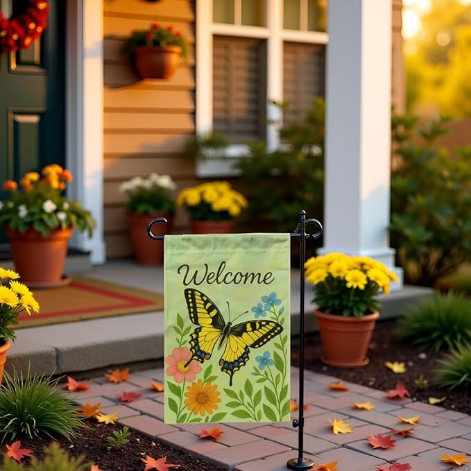 FLAGMEUP8386 Welcome Butterfly Garden Flag 12x18 Inch Double-Sided Polyester Yard Banner with Monarch and Swallowtail Floral Design, Outdoor Decoration for Butterfly Festivals, Labor Day and Fall