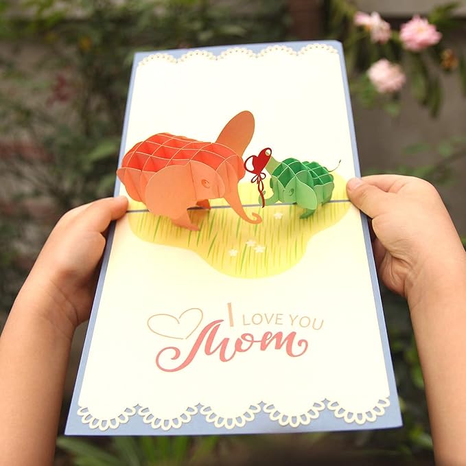 CUTE POPUP - Adorable Elephants Baby & Mom Mother's Day 3D Popup Card Thinking of You Surpring Present for Mom, Woman, or Someone You Love