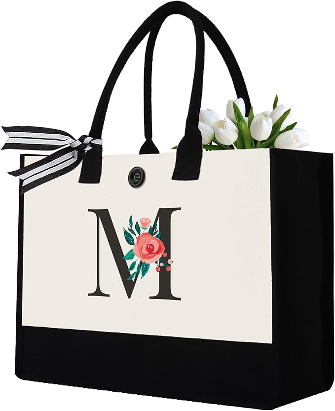 Initial Canvas Tote Bag, Personalized Birthday Gifts for Women Mom Friends Teachers, Monogrammed Tote Bags Suitable for Mother's Day Wedding Beach (LetterM )