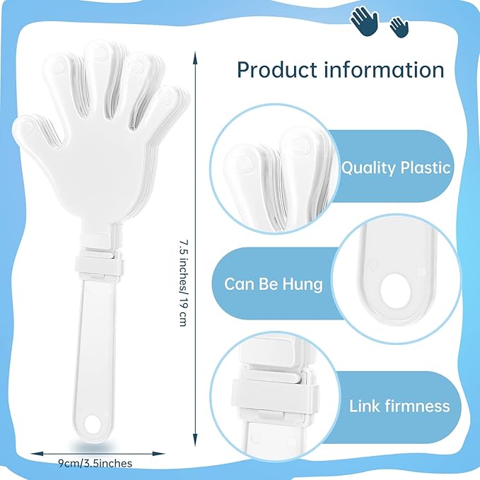 24 Pcs White Hand Clappers 7.5 Inch Clappers Noisemakers Noise Makers Party Favors Plastic Party Clapper for Sporting Events Cheers Ball Dance Basketball Football Noisemakers（White）