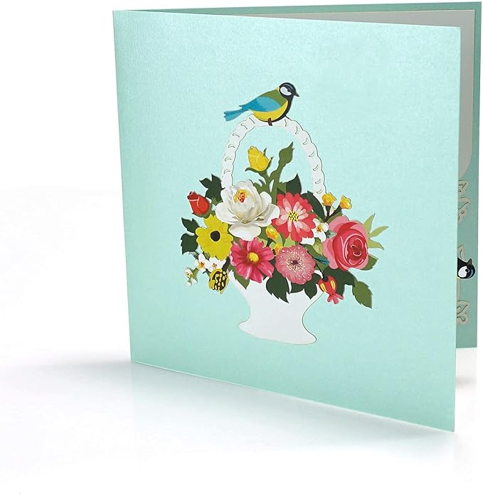 ETA 3D Bird and Flower Basket Pop Up Greeting Card for Birthday, Just Because, Thinking of You, Retirement, Get Well, Congratulations, Cards Mother's Day, Teacher's Father's Any Occasions, F18