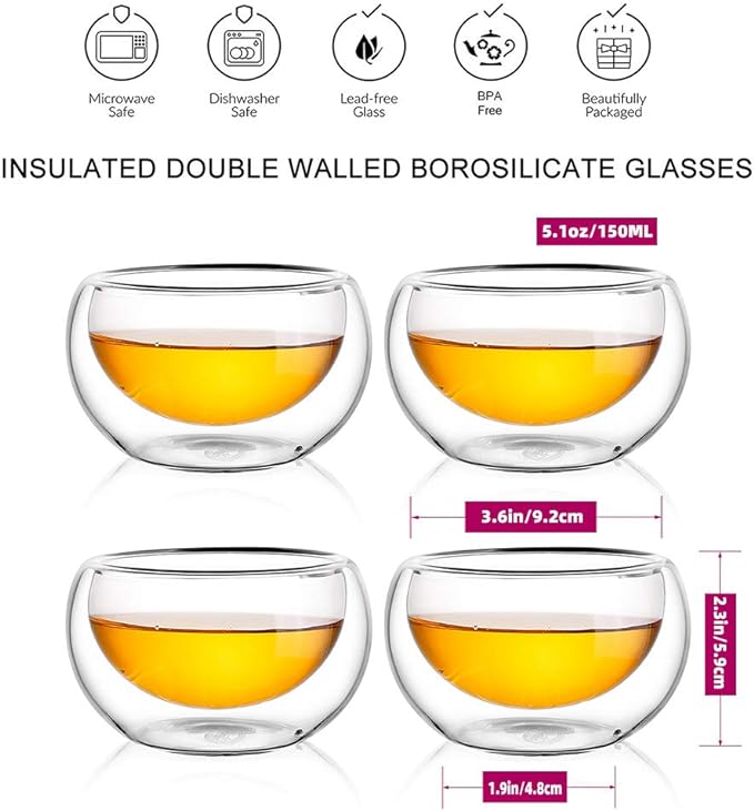 CNGLASS Tea Cups Set of 4 Double Wall Glass Tea Cup, 5.1oz Asian Insulated Clear Teacups 150ML,Small Espresso Cup for Coffee