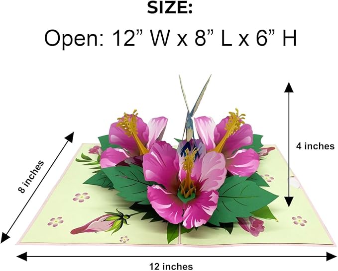 iGifts And Cards 3D Hibiscus Blue Hummingbird Greeting Pop Up Card 6" x 8" with Envelope – Stunning Pop-Up Floral Gift – Bird and Flower Lovers Card for Birthday, Mother's Day, or Thinking of You