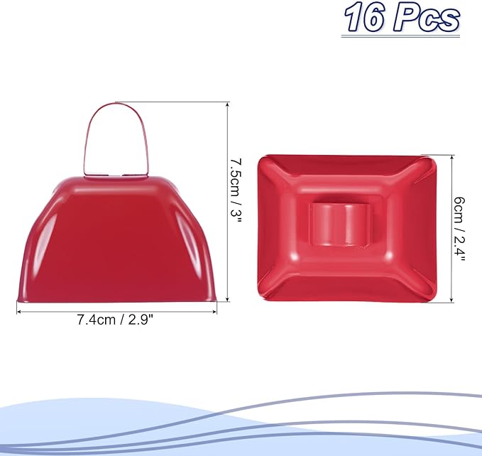 PATIKIL 16pcs Cow Bells for Football Games, 3inch Cowbells for Sporting Events Bulk Loud Noise Makers Metal Cow Bell with Handle for Cheering Competition Marathon Wedding, Red