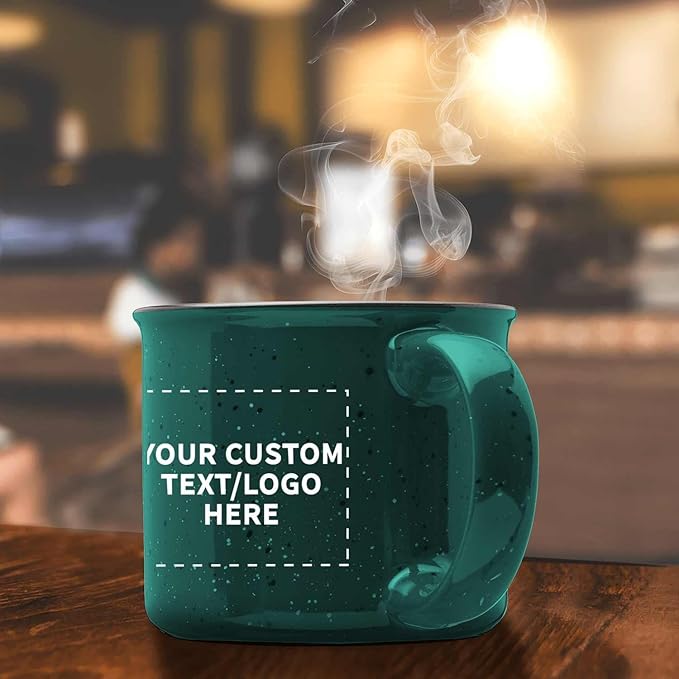 DISCOUNT PROMOS Custom Ceramic Campfire Coffee Mugs 13 oz. Set of 100, Personalized Bulk Pack - Perfect for Tea, Espresso, Cappuccino, Hot Cocoa - Green