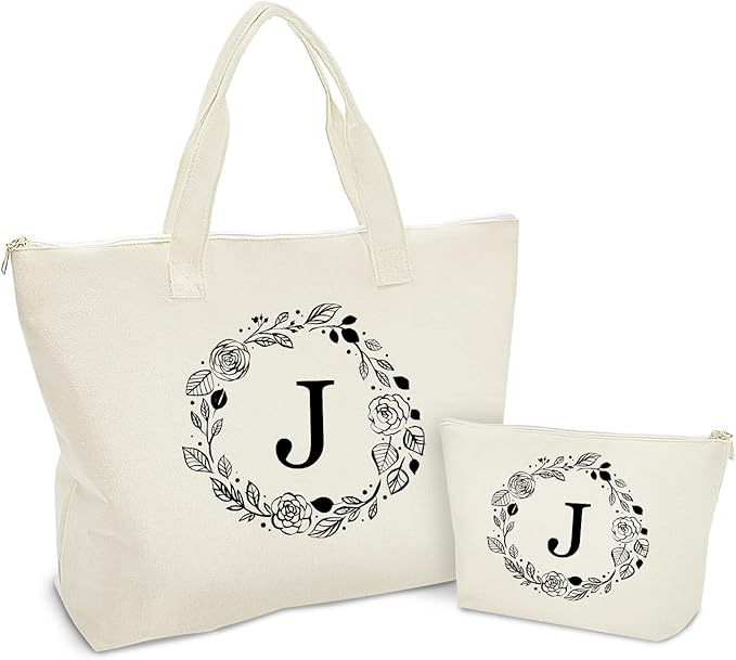 Personalized Initial Canvas Tote Bag with Zipper, Present Bag with Inner Pocket & Make Up Bag, Great Gifts for Women, Mom, Teachers, Friends, Bridesmaids