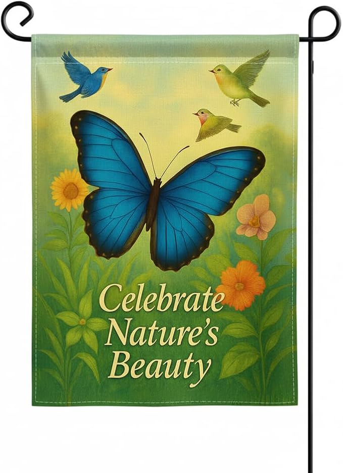 FLAGMEUP8386 Welcome Butterfly Garden Flag 12x18 Inch Double-Sided Polyester Yard Banner with Blue Morpho Songbirds, Fall Flag for Autumn Yard Displays with Celebrate Nature’s Beauty Quote