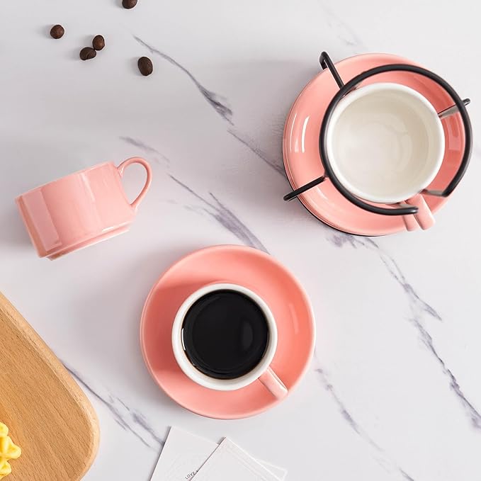 8oz Porcelain Stackable Cappuccino Cups with Saucers and Metal Stand Set of 4, Cappuccino Cups Set of 4, Pink Coffee Cups for Espresso, Specialty Coffee Drinks, Latte, Americano and Tea