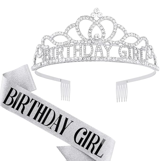 AOPRIE Birthday Crown and Sash for Women - Tiara Headband Princess Crown Rhinestone Happy Birthday Accessories Silver Black