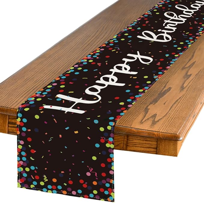 Artoid Mode Polka Dot Black Happy Birthday Table Runner, Seasonal Kitchen Dining Table Decoration for Home Party Decor 13x72 Inch