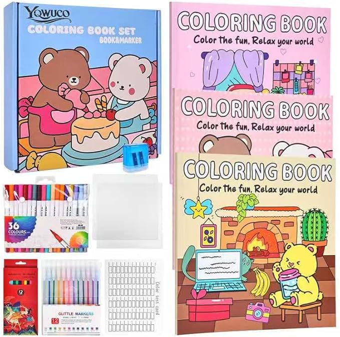 Coloring Book Set for Adults and Teens,3 PacK Easy and Simple Designs Coloring Set,Stress Relief Gifts with 36 Colors Markers &12 Pcs Glitter Markers &12 pcs Colored Pencils for adults Relaxation