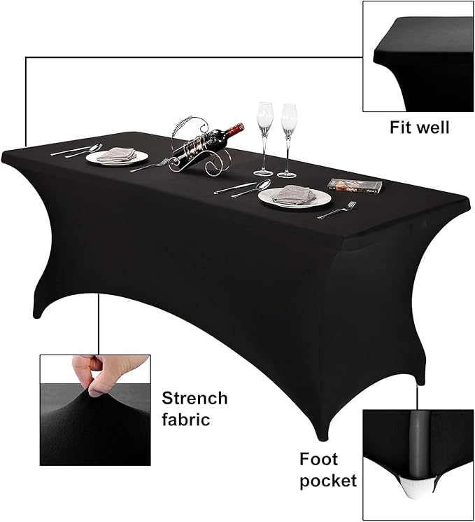 FORLIFE Spandex Table Covers - 6ft Fitted Tablecloth for Rectangular Tables, Stretch Patio Cover, Universal for Wedding, Banquet, Party (Black)