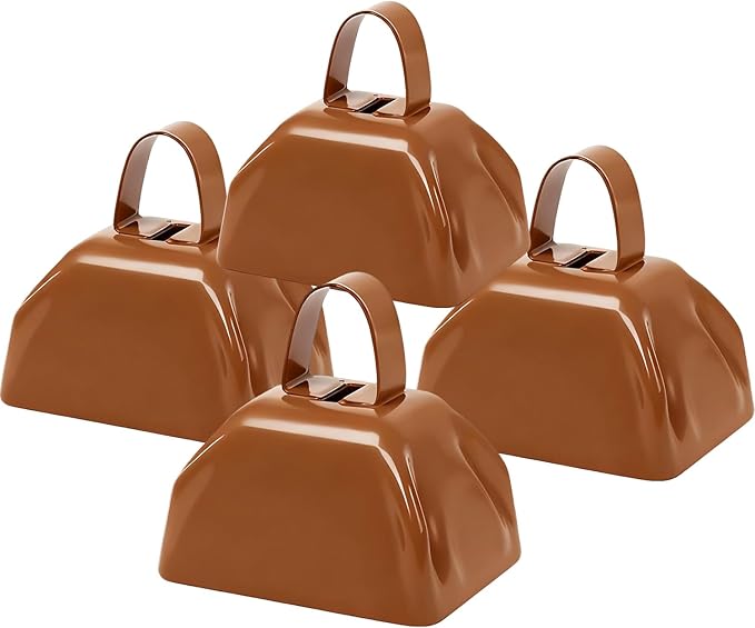 Metal Cow Bell Noise Maker - 3 Inch Pack of 4 - Small Loud Metal Cowbell Noisemaker with Handle - Great for Football Games, Sporting Events, Weddings, New Year's Eve, Birthday Parties