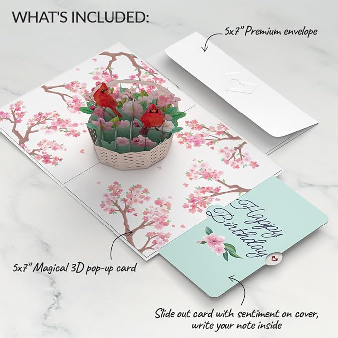 Lovepop Birthday 3D Pop-Up Card with Slide-out Note & Premium Envelope - Cherry Blossom Basket with Cardinals