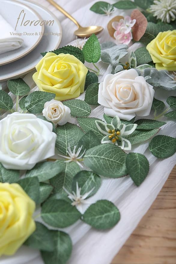 Floroom Artificial Flowers 50pcs Real Looking Cream Foam Fake Roses with Stems for DIY Wedding Bouquets Bridal Shower Centerpieces Floral Arrangements Party Tables Home Decorations