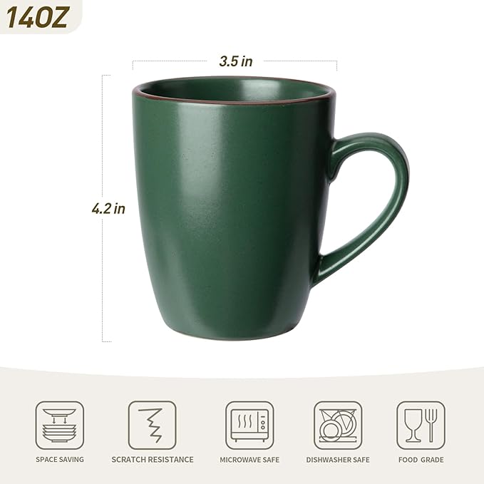 famiware Venus Coffee Mugs for 6, 14 oz Mug Set, Dringking Cup with Handle for Coffee, Tea, Cocoa, Milk, Dark Green