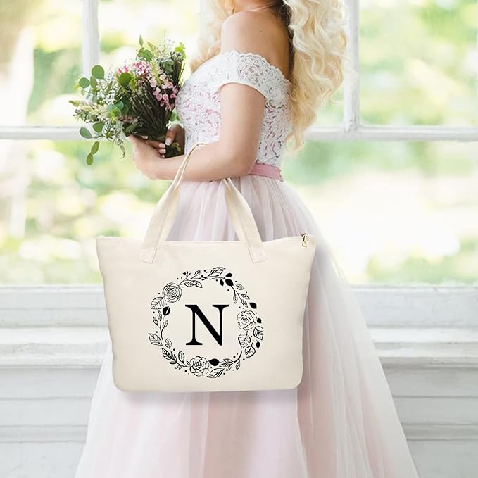 Personalized Initial Canvas Tote Bag with Zipper, Present Bag with Inner Pocket & Make Up Bag, Great Gifts for Women, Mom, Teachers, Friends, Bridesmaids