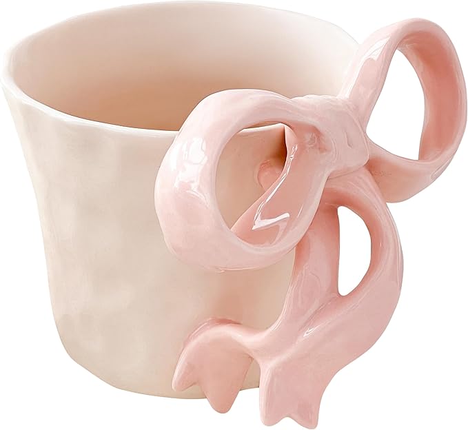Pink Ceramic Coffee Mug with Bow Handle, Cute Girly Cup for 14oz, Handmade Kawaii Soup Mug for Latte Tea Milk Cocoa, Pretty Birthday Valentine Gifts for Women and Girls